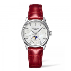 Longines Master Collection L2.409.4.87.2 Automatic Stainless steel Red color leather strap White mother of pearl dial